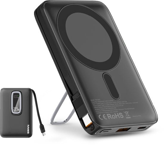 Powerbank 10.000 mAh, MagSafe-kompatibel, mit USB-C-Kabel – 3-in-1-Design – 22,5 W kabellose Powerbank – inklusive 60-W-Ladekabel – Schnellladefunktion – USB & USB-C – Schwarz