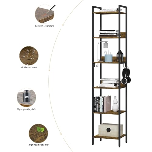Woltu Industrielles Bücherregal 6 Fachböden mit 4 herausnehmbaren Haken - Schwarzes Metall und dunkle Eiche - 40 x 30 x 187 cm