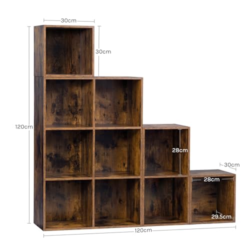 Woltu Bücherregal mit 10 Fächern - Raumteiler und Treppe - Rustikales Braun - 120 x 120 x 30 cm