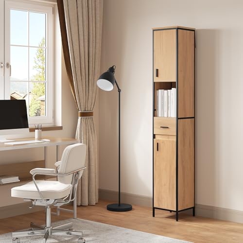 Eugad Narrow Tall Bathroom Cabinet mit Schublade und offenem Fach - Helle Eiche/Schwarz - 30 x 180 x 30 cm