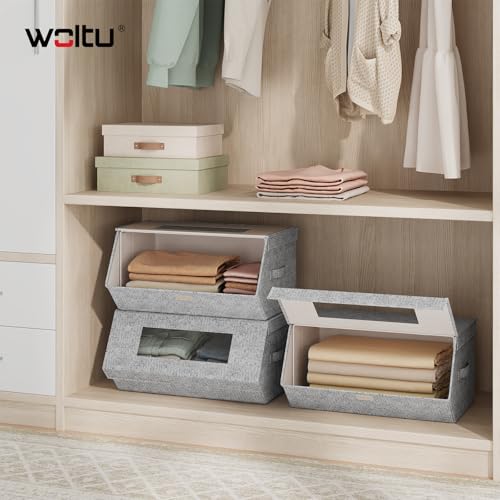 Woltu Stapelbare Aufbewahrungsboxen mit Deckel Grau und Beige 50x25x35 cm 3er Set