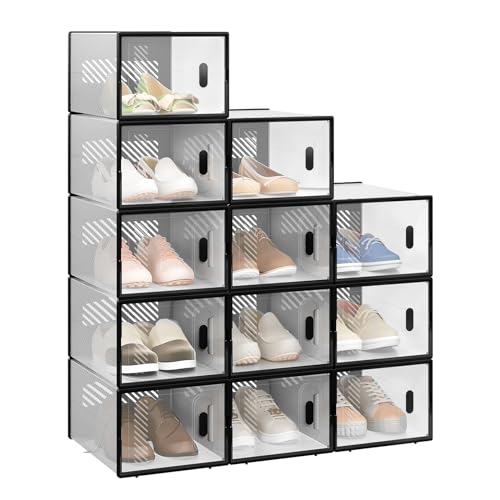 Woltu Set von 12 transparenten Schuhaufbewahrungsboxen stapelbar mit Front - 35 x 25 x 19 cm