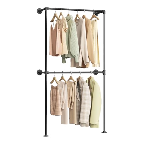 Woltu Offener Wandschrank Industrial Schwarz - Wandgarderobe mit 2 Stangen 102,5 x 187 x 36,5 cm