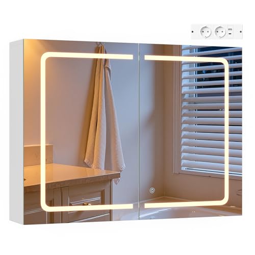 Eugad Badezimmerschrank mit LED-Spiegel und Touch Light - Weiß - 80 x 14,5 x 60 cm