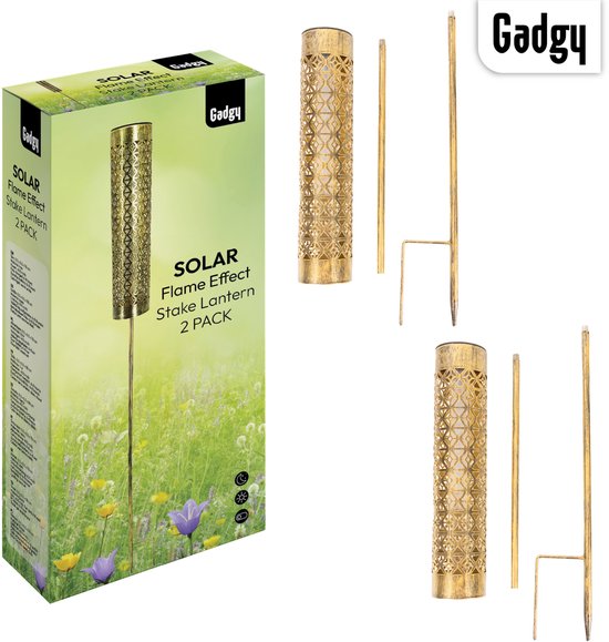 Gadgy Solar-Gartenbeleuchtung – 2x Standlampen mit flackerndem Flammeneffekt – Goldmetall – LED-Stimmungslampen mit Solarbetrieb – Für den Außenbereich – Wetterfest – 98 cm hoch – Erdspieß