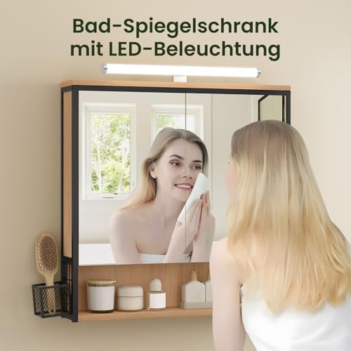 Eugad Badezimmerschrank mit Spiegel und Beleuchtung Schwarz Hell Eiche 70x70x14,5 cm