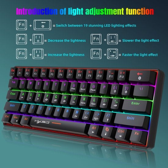 HXSJ V900 Wired Mechanical Gaming Keyboard - TKL - RGB-Beleuchtung - Ergonomisch - QWERTY - 61 Tasten - Blauer Schalter - Schwarz