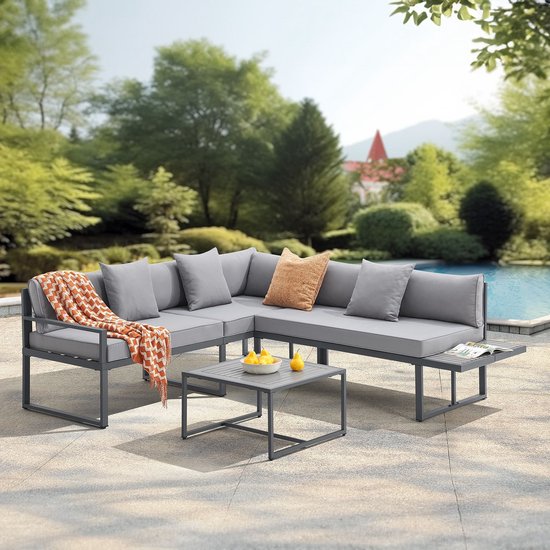 Juskys Lounge Set / Garten Set St. Tropez - 4 Personen - Stahl / Holz - Dunkelgrau - Inkl.