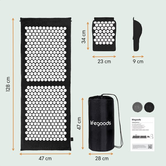 LifeGoods Akupressurmatte XL - mit Kissen - Shakti-Matte - Nagelmatte inkl. 2x Triggerpunktball - 128x48x2cm - Schwarz/Weiß
