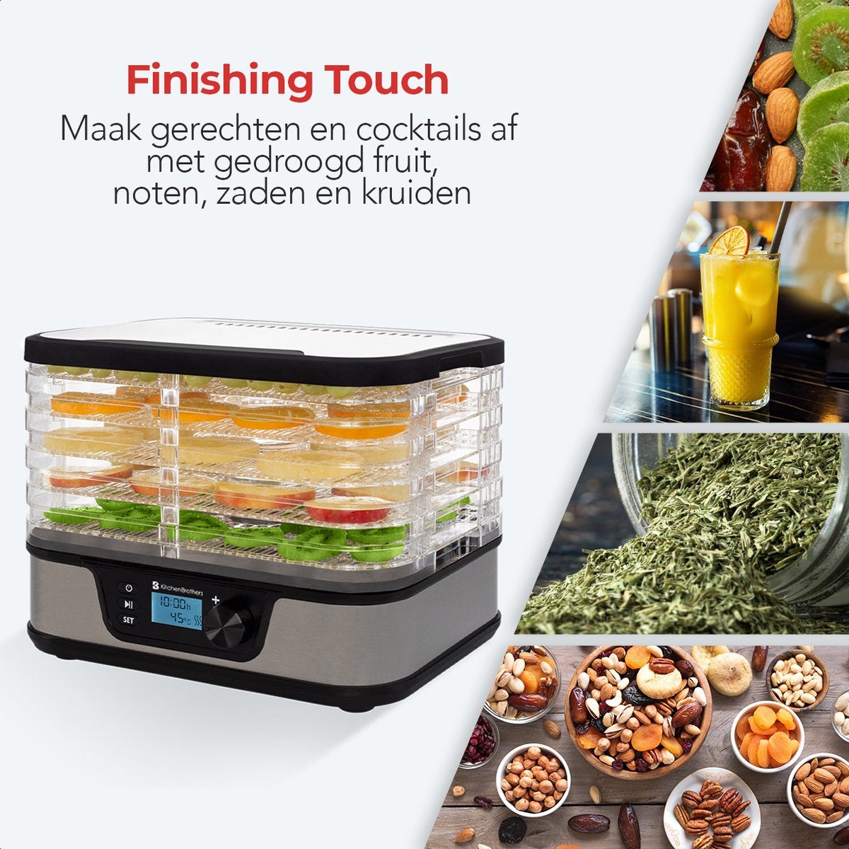 KitchenBrothers Dörrgerät - Elektrisch 380W - 5 Schichten - 9 Heizstufen - 35Â°C bis 75Â°C - LCD Display - Timer - Edelstahl/Schwarz
