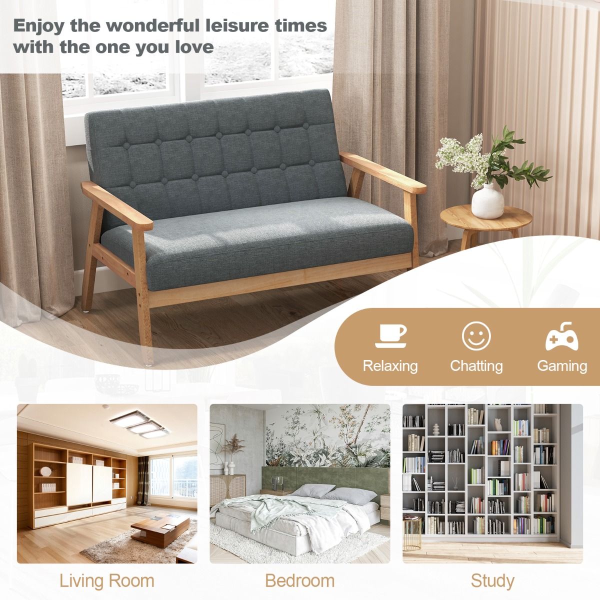 Coast Linen Loveseat 2-Sitzer – Grau – 114 x 72 x 77 cm – Rahmen aus Kautschukholz – Mid-Century-Design