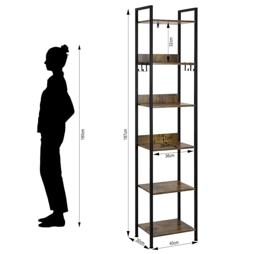 Woltu Industrielles Bücherregal 6 Fachböden mit 4 herausnehmbaren Haken - Schwarzes Metall und dunkle Eiche - 40 x 30 x 187 cm