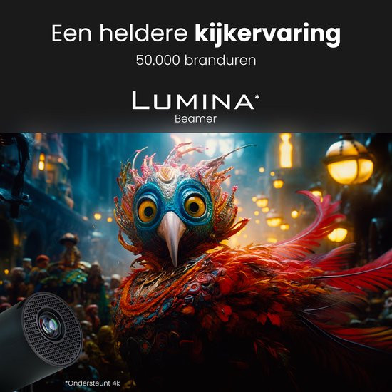Lumina® Pro Mini Beamer 2026 - Android 14 Smart Projektor mit Google Playstore - Heimkino - Für iOS & Android - WiFi 6 & Bluetooth 5.4 - Schwarz