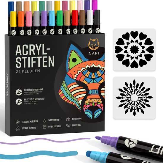 NAPI 24 Acrylmarker Dual Tip - Twinmarker - Malstifte Happy Stones - Steinmalerei mit Acrylmalstiften - Erwachsene und Kinder - Inkl. 2 Mandala-Schablonen