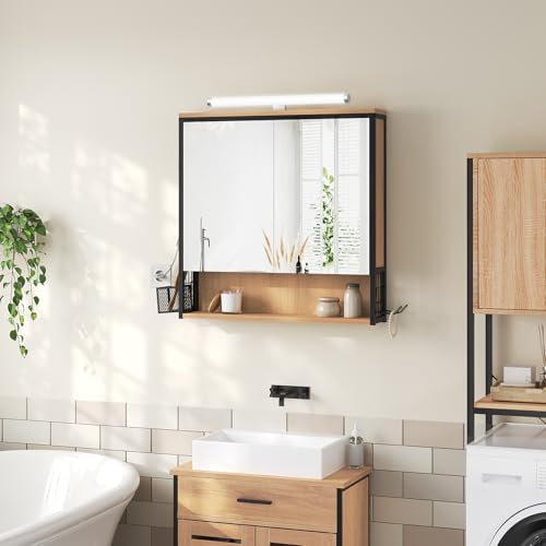 Eugad Badezimmerschrank mit LED-Spiegelleuchte Eiche Schwarz 70 x 14,5 x 70 cm