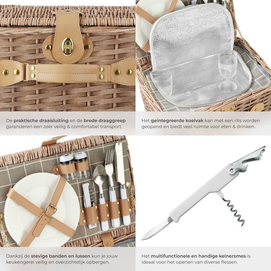 tectake - komplettes Picknickkorb-Set Ameland - Luxuriöses 13-teiliges Picknick-Set für 2 - Picknickkorb aus Weidengeflecht - Inklusive Kühlbox, Set mit Tellern, Kunststoff-Weingläsern und Edelstahl-Besteck