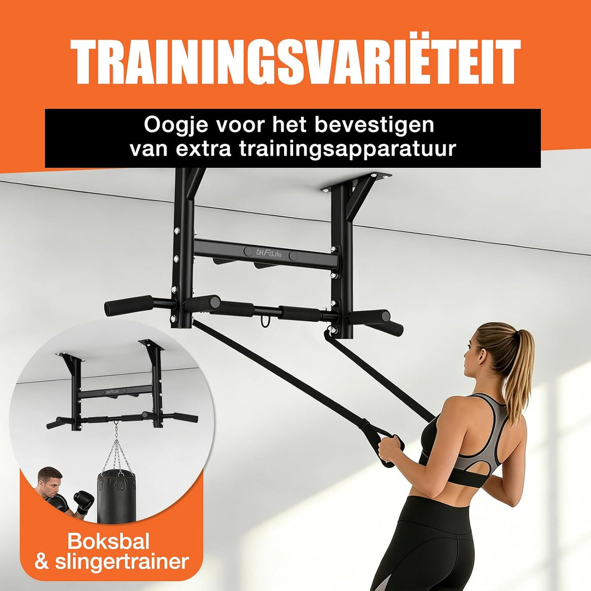 DH FitLife Decken-Klimmzugstange 4-in-1 – 8 Griffe – bis zu 300 kg – 44,5 x 25,5 cm – Schwarz