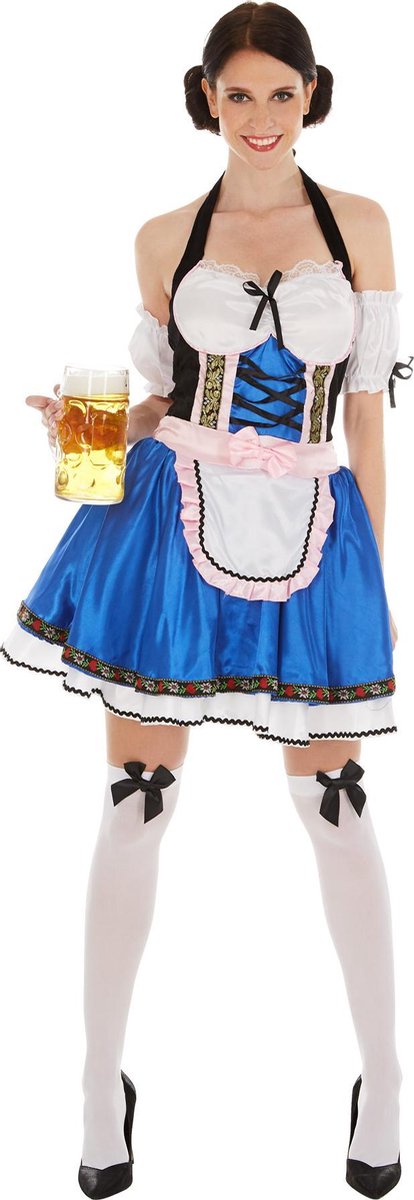 Dressforfun - Damenkostüm Dirndl Sexy Wiesentraum - Kurzes Satin Dirndl mit Bluse & Kniestrümpfen für Karneval, Oktoberfest & Party - Größe XL
