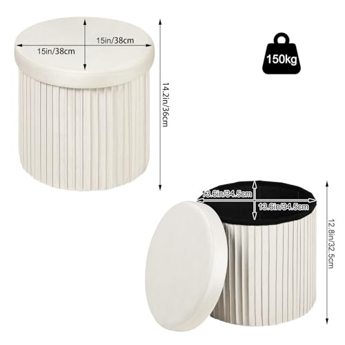 Woltu Aufbewahrungshocker mit Deckel - Samt Creme - Ø38 x H36 cm