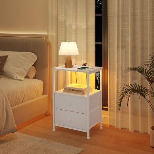 Woltu Nachttisch mit Ladestation und LED-Beleuchtung - Weiß - 2er-Set