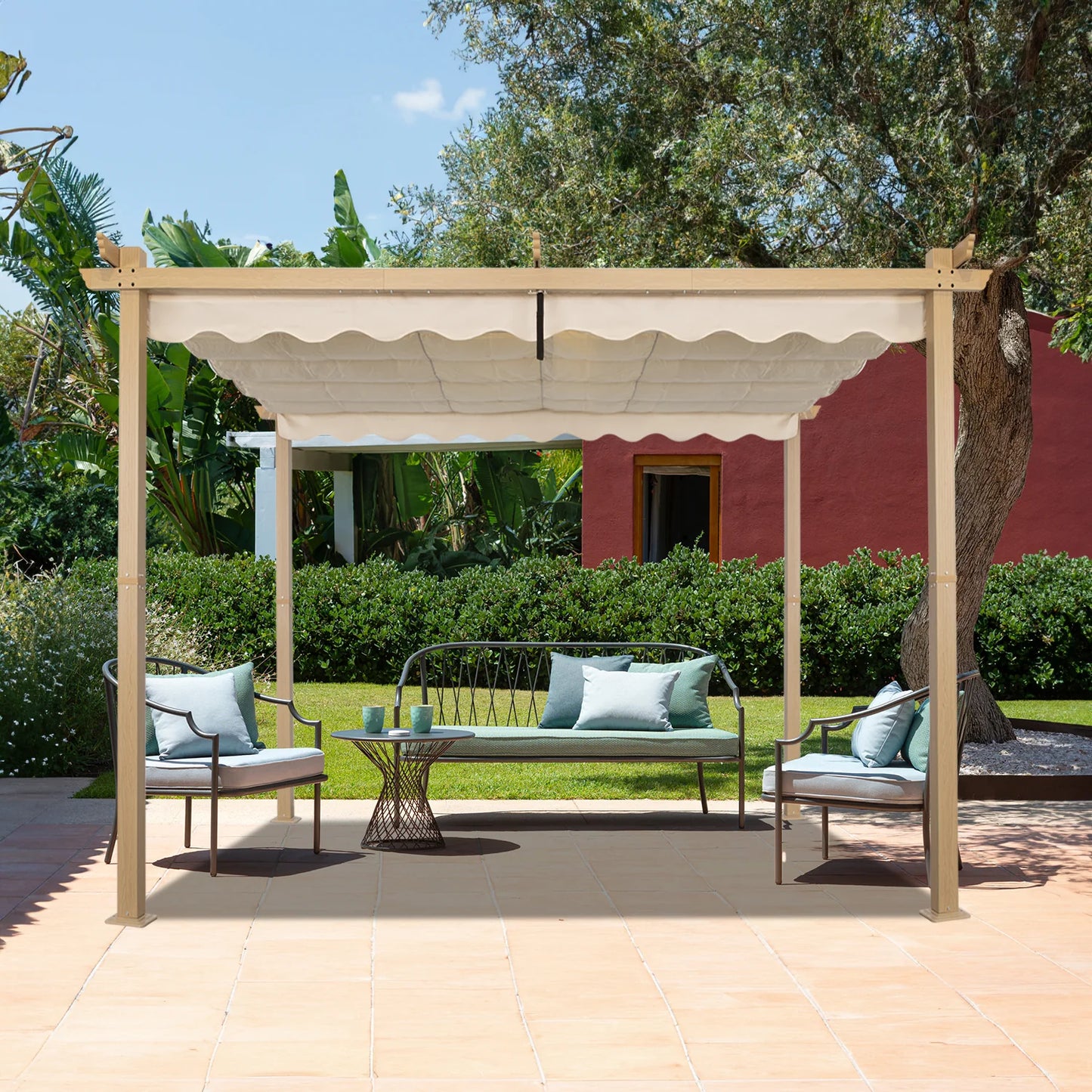 Angel Living Aluminium-Pergola 3×3 m Creme-Gelb – Ausziehbares Dach UV50+, Dachrohre aus Stahl, pulverbeschichtet