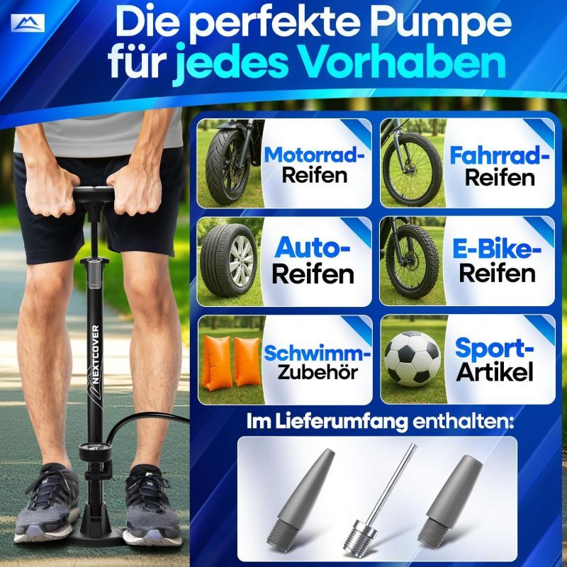 NEXTCOVER® Fahrradpumpe Alle Ventile - Airflow Technologie - Pumpe für Autoventil - Manometer - Luftpumpe Fahrrad