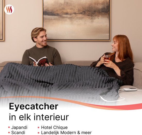 Seranova Heizdecke XXL - Extra Wärmedrähte - Gestreiftes Modell - 180x160 cm - Wärmedecke für 2 Personen - Doppelseitiges Vlies - Grau