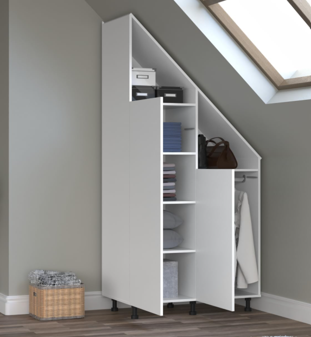 VDD Kleiderschrank für schräge Wand – 182 x 47 x 91 cm – Weiß – Schiebetüren – 2 Einlegeböden – Kleiderstange