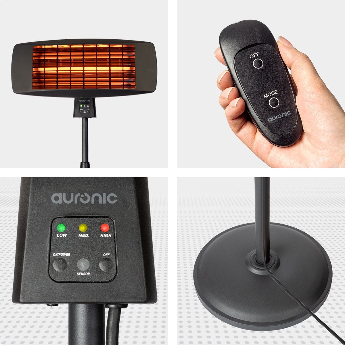 Auronic Terrassenheizer - 2000W - Hängeleuchte und Standfuß - Inkl. Fernbedienung - 3 Stufen - Schwarz