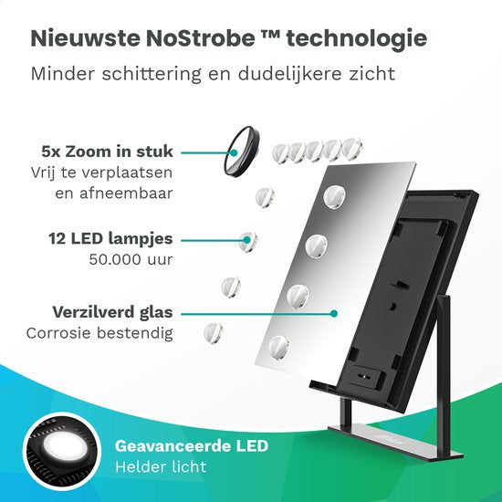 Mirlux Make Up Hollywood-Spiegel mit Beleuchtung (44x30cm) Vision - Dimmbare LED-Birnenbeleuchtung - 13 Lampen - Schwarz