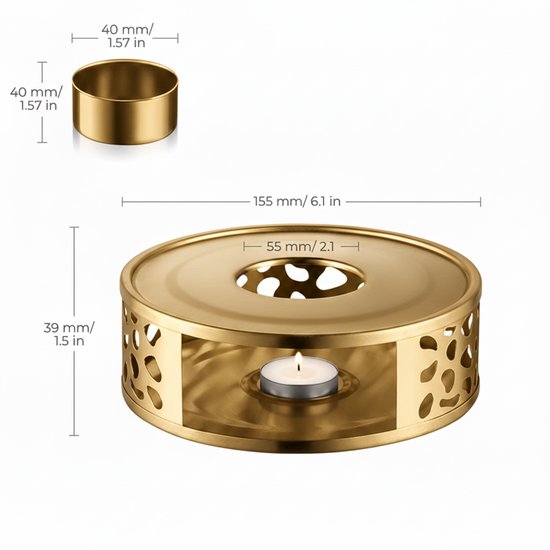 Vaja® Heizgerät mit Wachslicht für Teekanne - Heizgerät mit Kerze - Teelichthalter - Teewärmer - Teezubereiter - Heizgerät - Gold
