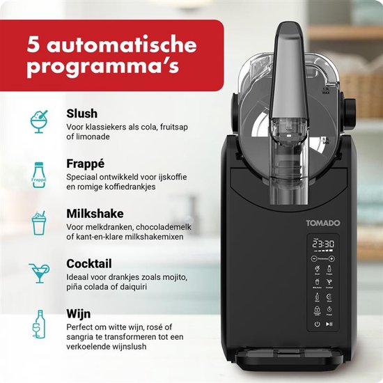 Tomado TSM2002B - Slush-Maschine - Slushpuppy-Maschine - 5-in-1 Slush - Slush Puppy - 2 Liter Slush - bis zu 12 Stunden gefrorene Getränke - Touch Control Bedienung - Schwarz