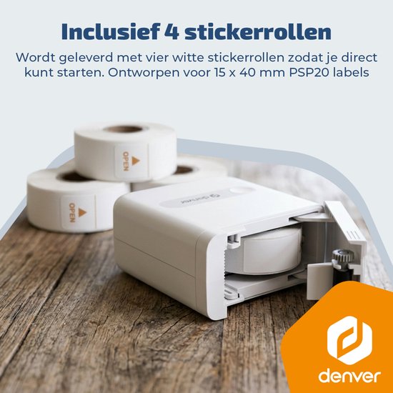 Denver Etikettendrucker – Bluetooth – Verbindung mit Smartphone – 15 x 40 mm – inkl. 4 Etikettenrollen – MBP16