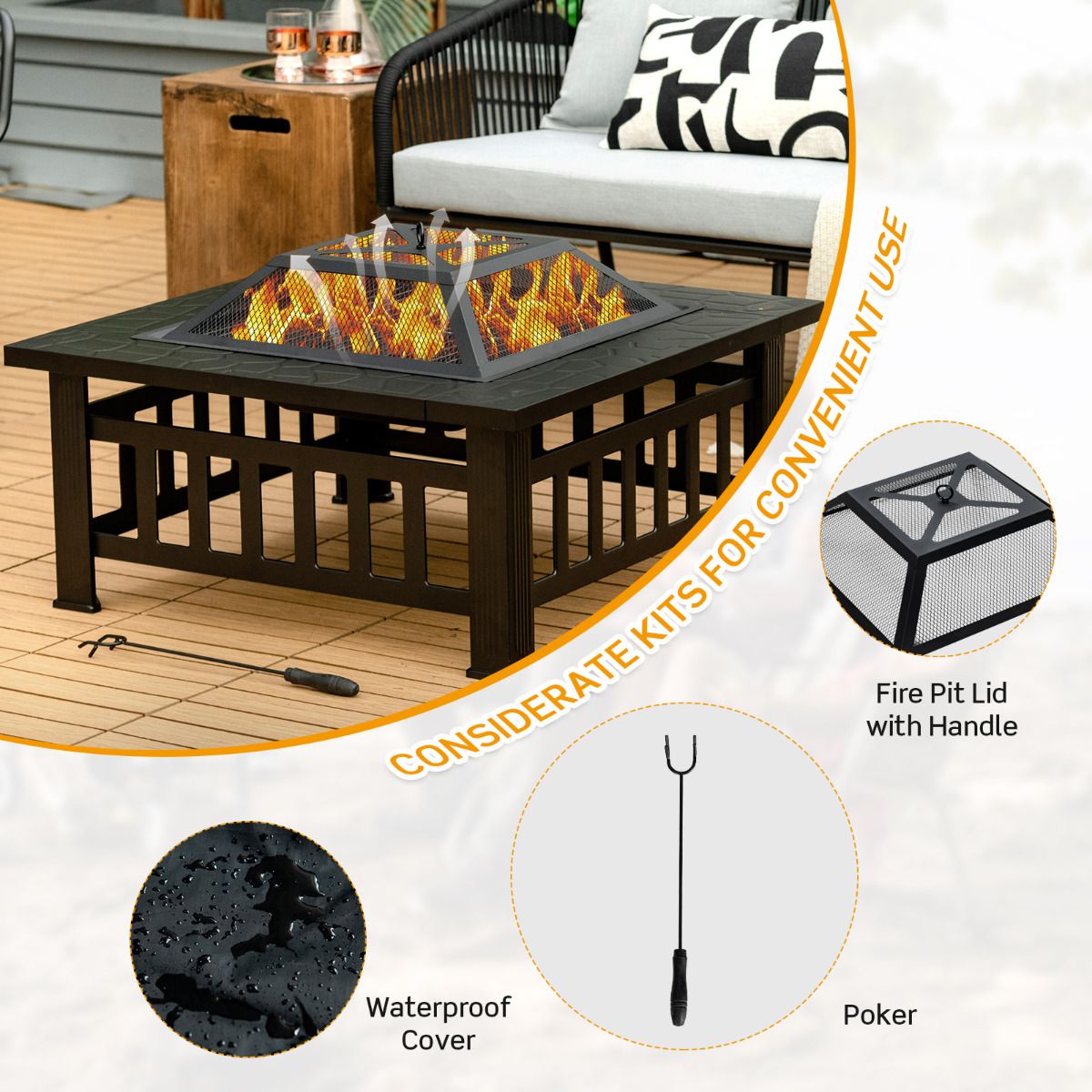 Coast quadratische Feuerstelle – 3-in-1-Feuerschale mit Tischfunktion – mit Grillrost und Eiskübel – schwarz 81 x 81 x 50 cm