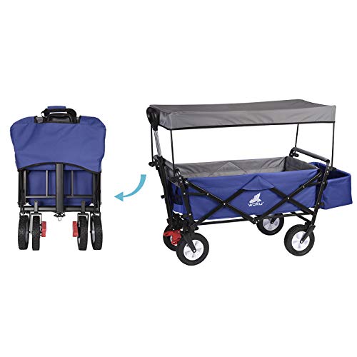 Woltu Transportwagen klappbar - Stabiler Stahlrahmen Blau - 80 kg Tragkraft, mit Bremse und abnehmbarer Sonnenblende - 4 Schwenkräder 100x50x90 cm