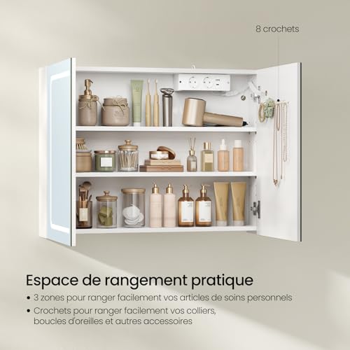 Eugad Badezimmerschrank mit LED-Spiegel und Touch Light - Weiß - 80 x 14,5 x 60 cm