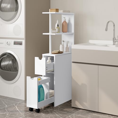 Eugad Schmaler Badezimmerschrank mit Schubladen und verstellbarem Einlegeboden - Weiß MDF - 45 x 19 x 113 cm