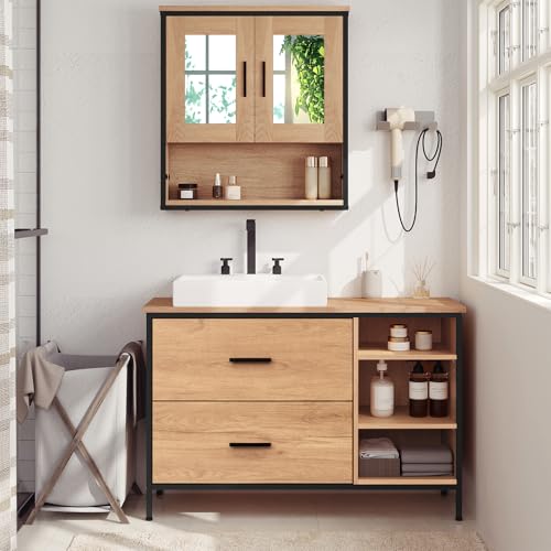 Eugad Badezimmerschrank mit 2 Schubladen und 3 offenen Fächern Eiche hell - Schwarz 90 x 30 x 60 cm