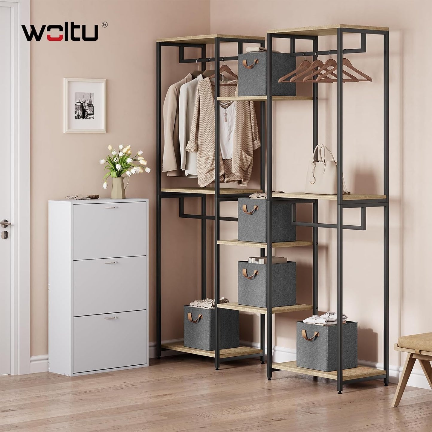 Woltu Make-up-Hocker mit Ablage - Verstellbarer Barhocker 50-66,5 cm - Runder Sitz - Samtrosa