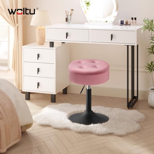 Woltu Make-up-Hocker mit Ablage - Verstellbarer Barhocker 50-66,5 cm - Runder Sitz - Samtrosa