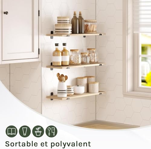 Eugad 3er-Set schwebende Wandregale im Retro-Stil - Schwarz und helles Holz - 60 x 20 x 7 cm