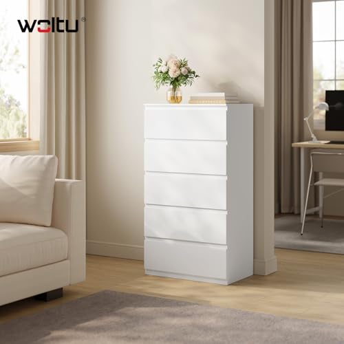 Woltu Kommode mit 5 Schubladen Weiß - Geräumiger Aufbewahrungsschrank für Wohnzimmer und Schlafzimmer 60 x 37 x 110 cm