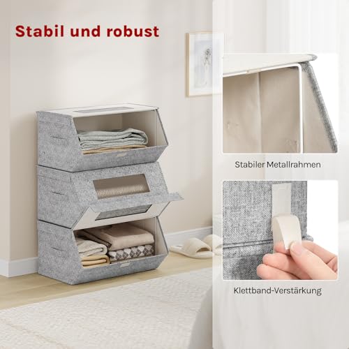 Woltu Stapelbare Aufbewahrungsboxen mit Deckel Grau und Beige 50x25x35 cm 3er Set