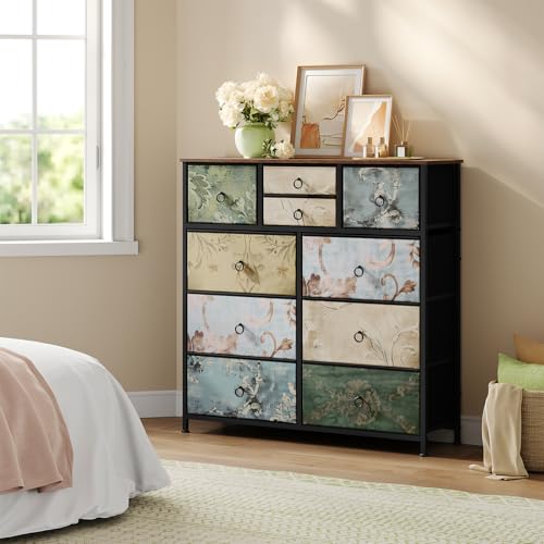 Woltu Kommode mit 10 Schubladen Vintage-Blumenmotiv - Braun - 100 x 100 x 30 cm