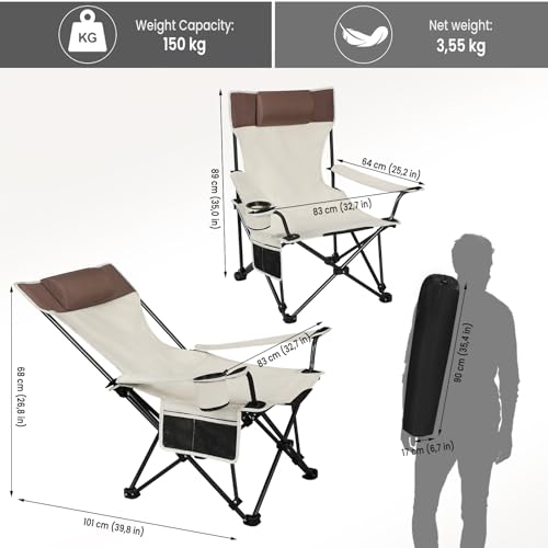 Woltu Campingstuhl mit Rückenlehne und Getränkehalter Beige 150 kg Belastbarkeit