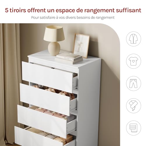 Woltu Kommode mit 5 Schubladen Weiß - Geräumiger Aufbewahrungsschrank für Wohnzimmer und Schlafzimmer 60 x 37 x 110 cm