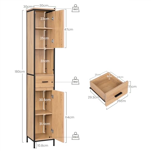 Eugad Narrow Tall Bathroom Cabinet mit Schublade und offenem Fach - Helle Eiche/Schwarz - 30 x 180 x 30 cm