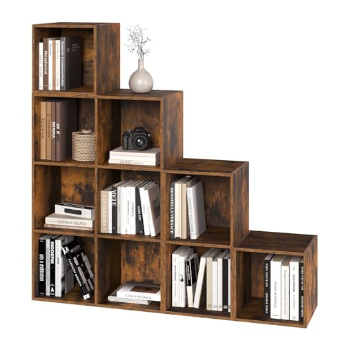 Woltu Bücherregal mit 10 Fächern - Raumteiler und Treppe - Rustikales Braun - 120 x 120 x 30 cm