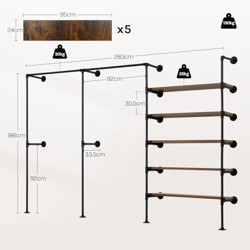Woltu Kleiderständer Wandhalterung Offener Schrank Industrial Schwarz Metall Vintage Braun
