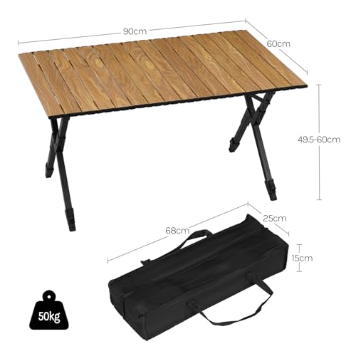 Woltu Klappbarer Campingtisch - Aluminium, höhenverstellbar, Holzoptik, inkl. Tragetasche